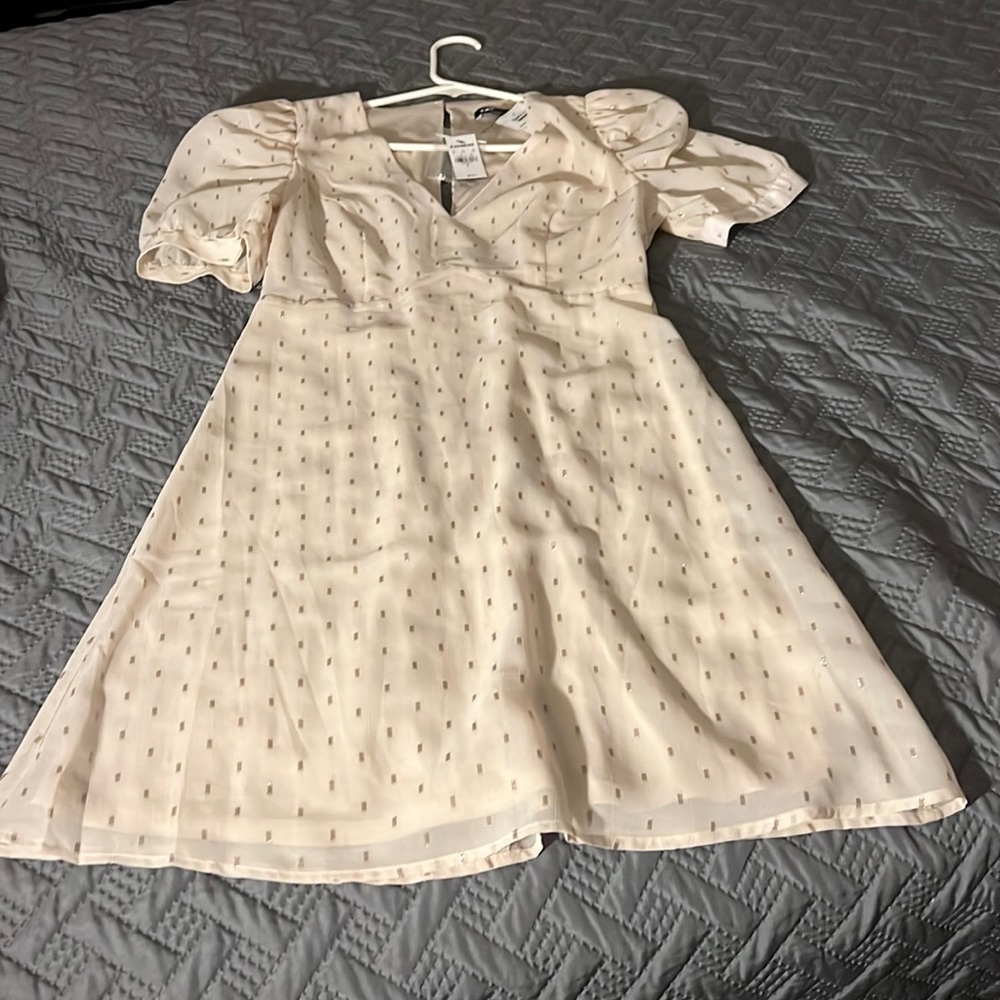 EXPRESS Dress - Metallic Clip Dot Puff Sleeve Fit And Flare Dress